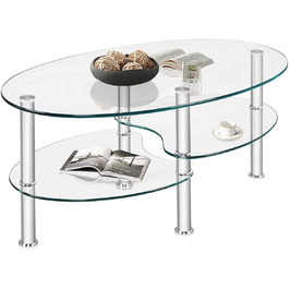 Журнальний столик LIFEZEAL скляний, скляний стіл 3 яруси, овальний стіл для вітальні з металевим каркасом, журнальний столик журнальний столик для вітальні та офісу, сучасний дизайн 90x50x45см (прозорий)
