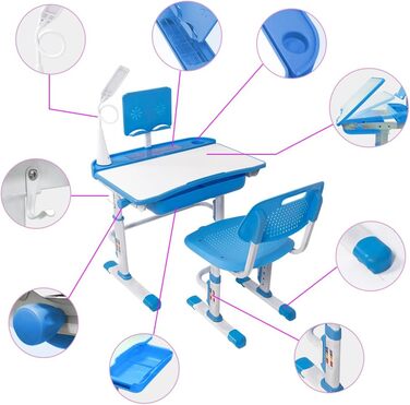 Дитячий письмовий стіл і набір стільців Yinleader, регулюється за допомогою лампи захисту очей, підставка для книг, світло-блакитний