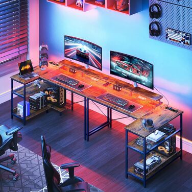 Ігровий стіл Coleshome L-подібний з LED-підсвіткою та розетками, 120x80 см, кутовий комп'ютерний стіл з полицею та підставкою для монітора, для офісу та домашнього кабінету, коричневий