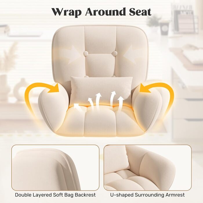 Ергономічне крісло 2-в-1 для дому та офісу: обертове, регульоване по висоті, з подушкою, велюр, бежеве