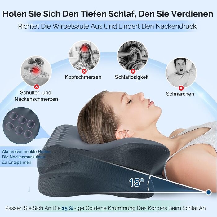 Подушка для шиї з піною з пам'яті, ергономічна подушка для сну, подушка для підтримки шиї для тих, хто спить на боці, спині та животі, сіро-білий колір (темно-сірий, 64 x 39 x 13 см)