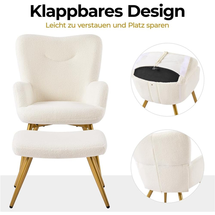 Крісло-навушник Yaheetech з пуфом з тканини Boucle, крісло для відпочинку з підставкою для ніг, розкладне крісло для вітальні/спальні, колір слонова кістка