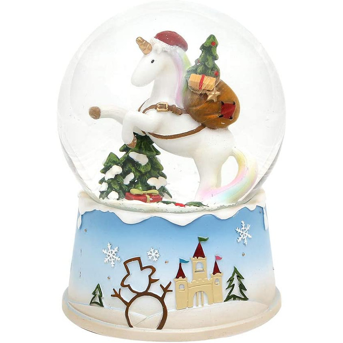 Деко-герої24 Снігова куля на хитромудро прикрашеному підставі, з музичним супроводом, мелодія Біле Різдво, Розміри L/B/H 12,5 x 12 x 14,5 см Сфера Ø 10 см (Єдиноріг)