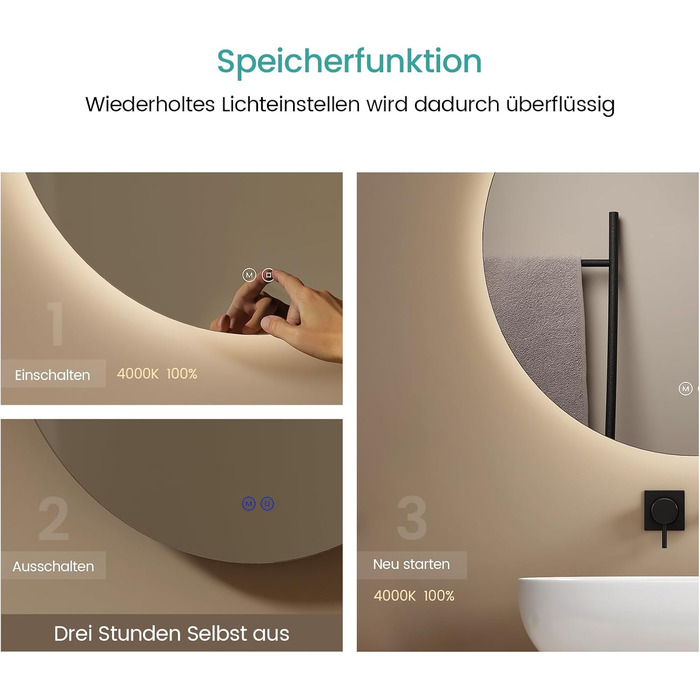 Дзеркало для ванної кімнати EMKE круглої форми з підсвічуванням 80 см – дзеркало з 3 кольорами світла, регулюванням яскравості, сенсорним управлінням, функцією пам'яті, енергозберігаюче – для ванної кімнати та на стіну (50x50 см)