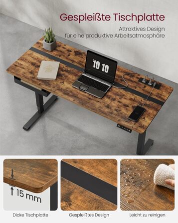 Електричний регульований стіл VASAGLE, 60 x 140 см, з пам'яттю висоти, розетками та ящиком, кольори: білий + горіх, LSD112W01