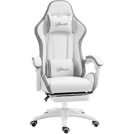 Крісло ігрове Vinsetto Ergonomic з регульованою підніжкою, спинкою 135°, підголівником та поперековою підтримкою, поворотне на 360°, PU шкіра, білий/сірий