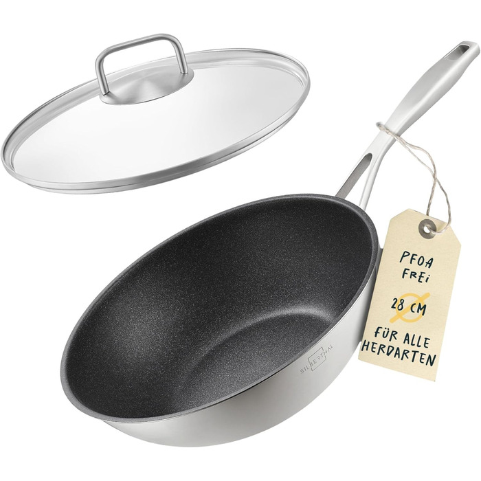 Wok Silberthal з нержавіючої сталі з індукційним дном (28 см) - для смаження та смаження у фритюрі, сумісний з усіма плитами, до 400°C, з кришкою