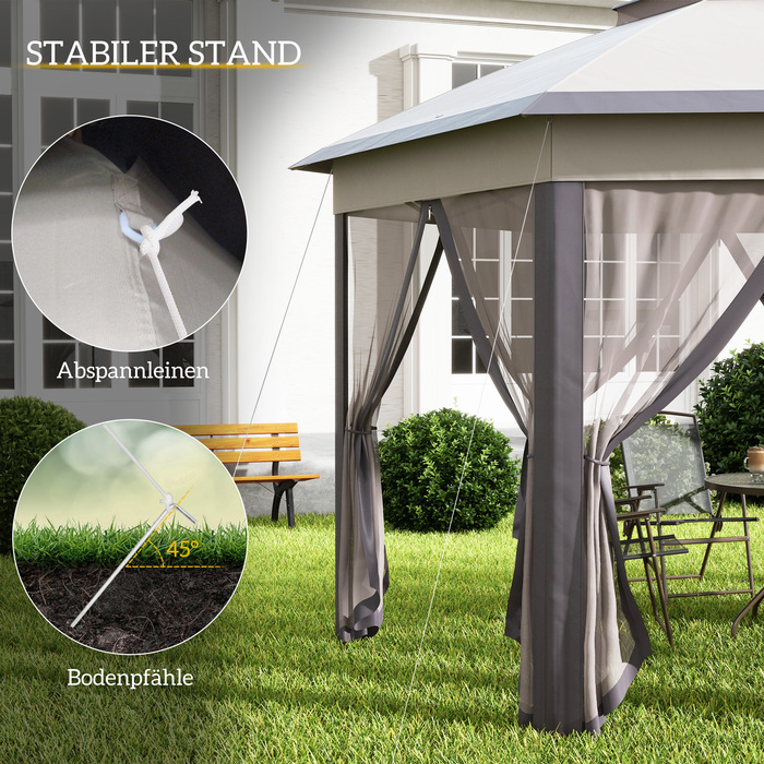 Альтанка Outsunny Garden Folding Gazebo 4x4 м Pop Up Tent Party Tent з сумкою для перенесення та 6 бічними панелями, подвійний навіс шестикутний у кавовому та бежевому кольорах