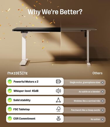 Регульований стіл MAIDeSITe S2 Pro (160x80 см) - електричний, з підняттям, чорний каркас, білий стіл, 160 кг, з захистом від зіткнень