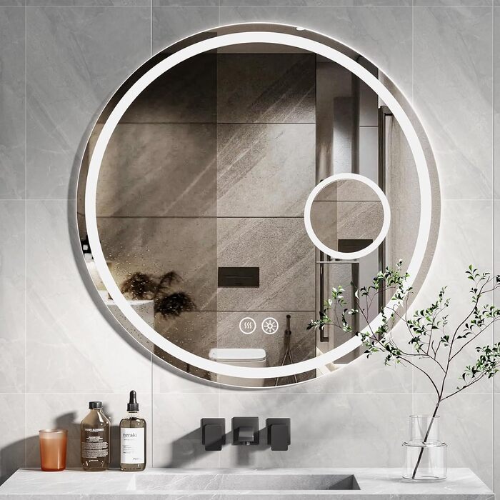 Дзеркало для ванної кімнати HySail з підсвічуванням, 5 мм, висока роздільна здатність, срібне покриття, 3 колірні температури та регульована яскравість, настінне дзеркало з сенсорним вимикачем та антизапарюючим покриттям, кругле (80x80 см)