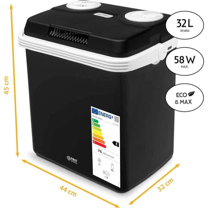 Електричний охолоджувач TZS First Austria 32 літри Підключення 12 вольт і 230 вольт з вилкою 12 В для автомобіля для кемпінгу, фестивалів і подорожей з функцією охолодження та збереження тепла чорний 32 л Чорний