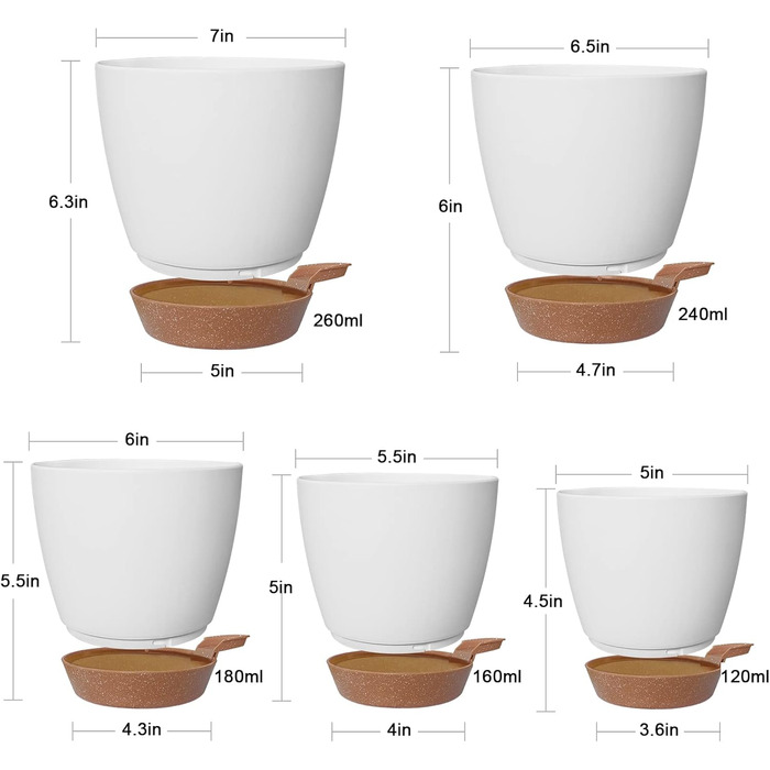 5 кашпо з пластику з системою поливу, 17.8/16.5/15.2/13.9/12.7 см. Самополивні горщики з підставкою, круглі, для квітів, сукулентів, кактусів, для дому, балкону, саду. Білий, коричневий колір
