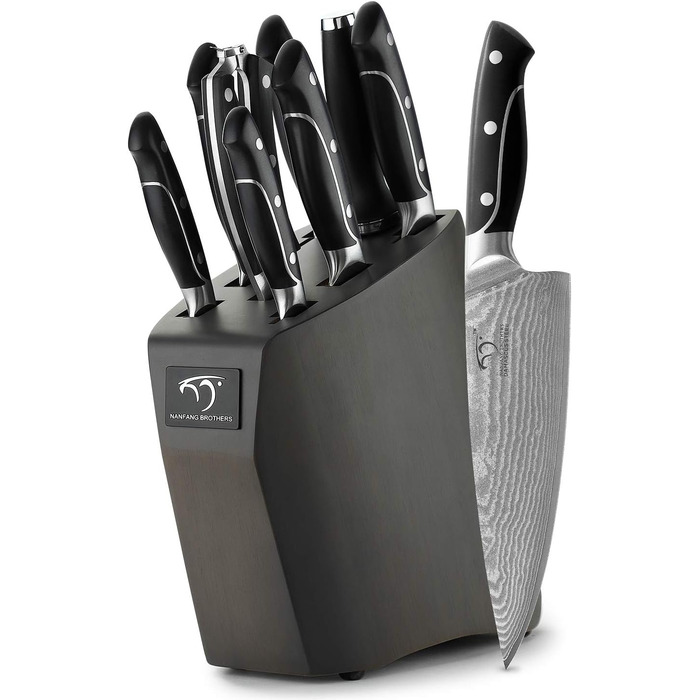 Набір кухонних ножів NANFANG BROTHERS з дамаської сталі 9 дюймів з дерев'яним блоком (дуб), професійний кухонний набір, VG10 сталь