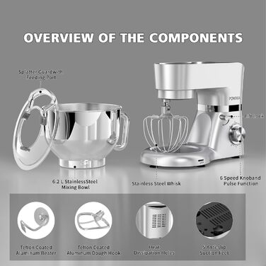 Кухонна машина POWWA 5.5L з 6 швидкостей, 1500W, для замішування тіста, з міксером, гаком для тіста та захистом від бризок (срібна)
