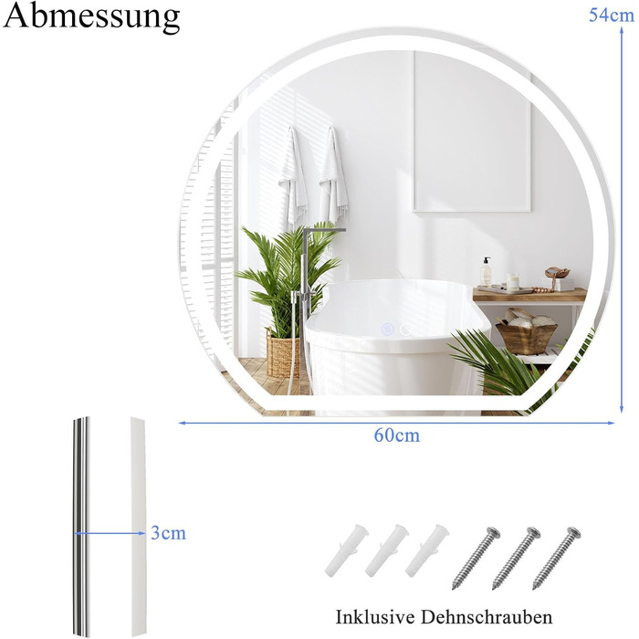 Дзеркало для ванної кімнати RELAX4LIFE з підсвічуванням, настінне напівкругле, 60 x 54 см, LED, сенсорне керування, функція пам'яті, антизапар, 3 кольори світла, регулювання яскравості