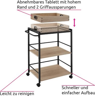Візок для сервірування tectake з підносом, 65x41.5x87 см, кухонний візок на колесах, 2 дерев'яні полиці, промисловий стиль, дуб Sonoma