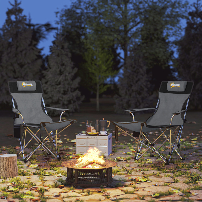 Набір з 2-х складаних туристичних стільців для кемпінгу та риболовлі з знімною підніжкою та тримачем для напоїв, витримує до 120 кг, сірий