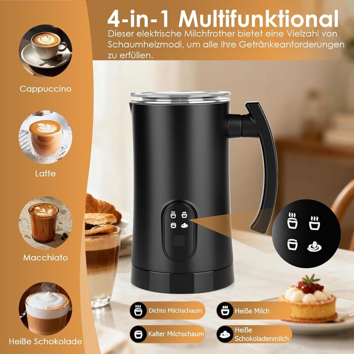 Електричний пінощікач для молока 400W, 350мл, нержавіюча сталь, 4 режими, для капучино, лате, макіато, гарячого шоколаду, для дому, офісу, як подарунок