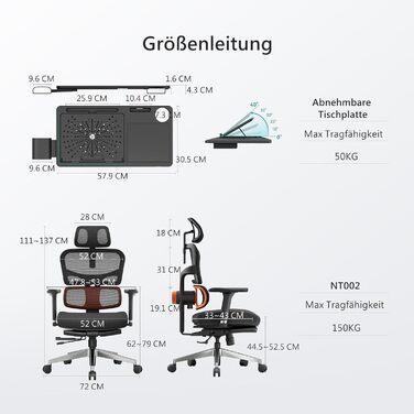 Офісне крісло Newtral Ergonomic, комп'ютерне крісло з регульованою підголівником та підлокітниками (чорний, NT002) + знімна стільниця