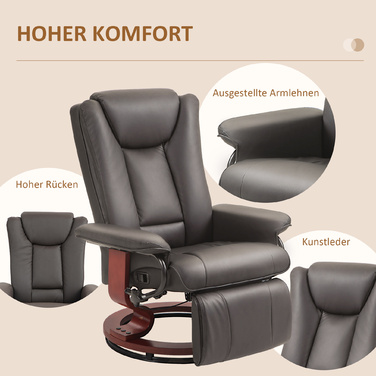 Крісло-релакс HOMCOM з регульованим нахилом спинки, поворотне, до 150 кг, обтягнуте штучною шкірою, сталевий каркас, коричневе