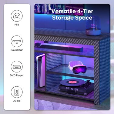 Тумба під телевізор Bestier 70 дюймів з підсвіткою LED, для PS5, чорна карбонова - 160x33.8x66.8 см