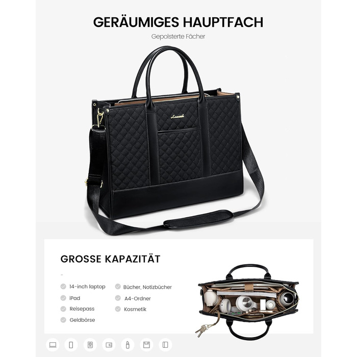 Сумка для ноутбука LOVEVOOK, шкіряна, чорна, 14 дюймів. Сумка-шоппер, ділова сумка, портфель для роботи, навчання, офісу та університету. Водостійка, велика, для ноутбука, ділової жінки.