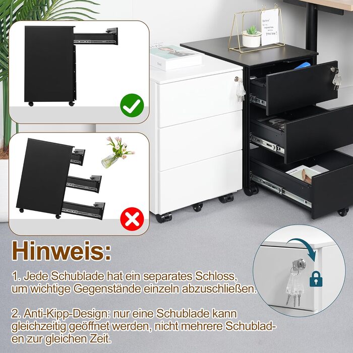 Роликовий контейнер HOMSTEEL з замком, 4 шухляди, металевий шафа, готовий до використання, для офісу та дому, білий (3 шухляди (44T x 37B x 60H cm), чорний)