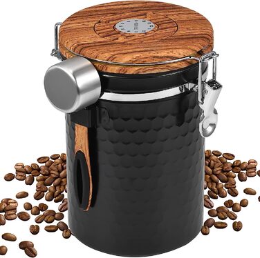 Кавова банка з зернами 1 кг, кавова банка герметична з нержавіючої сталі об'ємом 1,8 л, контейнер для чорних кавових зерен, кавова банка з порошком 1 кг з клапаном co2, Вакуумна кришка, таймер для зберігання, для кави, чаю, горіхів, какао