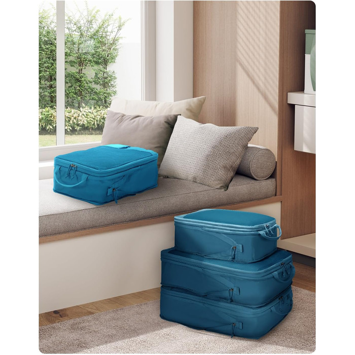 Набір компресійних органайзерів для валізи та рюкзака ECOHUB, 4 шт, з мітками та сітчастим підсиленням, екологічні дорожні сумки для одягу (Синій)