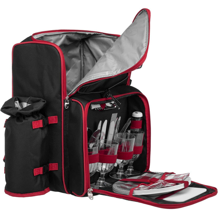 Рюкзак для пікніка Andora на 4 особи з інтегрованою сумкою-холодильником, зелений, з аксесуарами (чорно-білий у горошок)