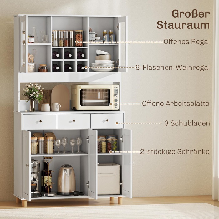 Кухонна шафа 180 см, 2 скляні дверцята, 3 висувні ящики, 4 регульовані полиці, шафа для їдальні, ДСП, білий