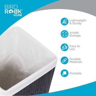 Корзина для білизни BirdRock квадратна з кришкою та підкладкою з тканини, бамбук, чорна, з мотузковими ручками