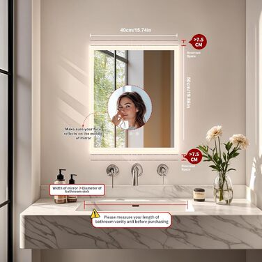 Дзеркало для ванної кімнати LUVODI з підсвічуванням 40x50 см: регульоване LED дзеркало з 3 кольорами світла, сенсорне управління, запобігає запотіванню, водонепроникне, настінне дзеркало для ванної кімнати, горизонтальне/вертикальне кріплення 50 см x 40 см