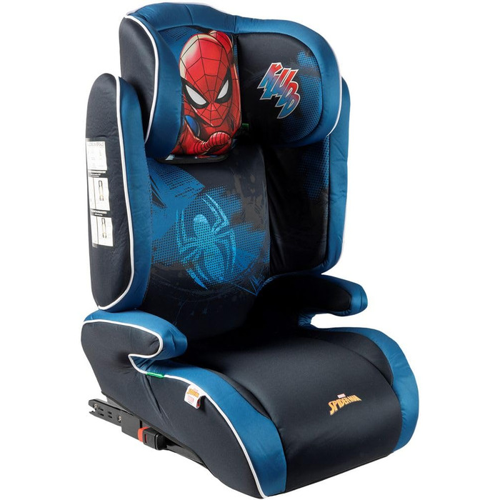 Автокрісло Marvel Spiderman з кріпленням ISOFIX для безпеки дитини зростом від 100 до 150 см з зображенням супергероя Людини-павука на синьому тлі