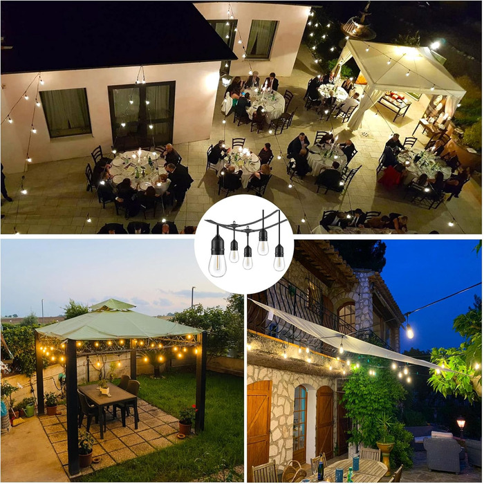 LED гірлянда 15 метрів для саду та тераси, водонепроникна IP65, 15+1 лампочки E27, тепле світло 2700K, для вечірок та свят [Енергоклас G]