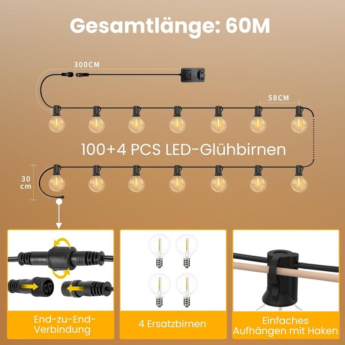 Світлодіодні струнні світильники Yuusei зовнішні, 104 теплі білі лампи G40, IP45, 60M для саду, балкона, весілля