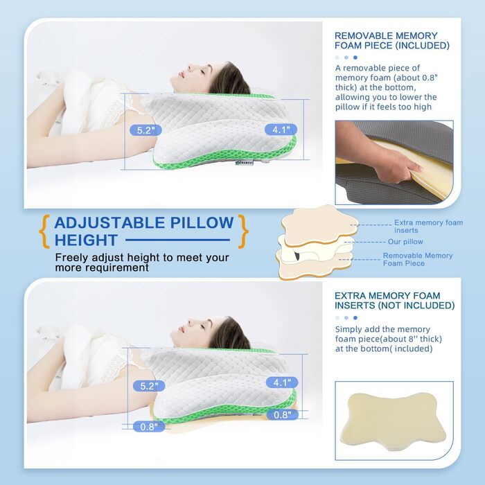 Ортопедична подушка для шиї з Memory Foam, регульована, ергономічна, для комфортного сну, без запаху, контурна, для сну на боці