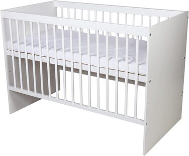 Дитяче ліжко KMbaby TANY White 120x60 см з матрацом - регульоване по висоті ліжечко з соснової деревини