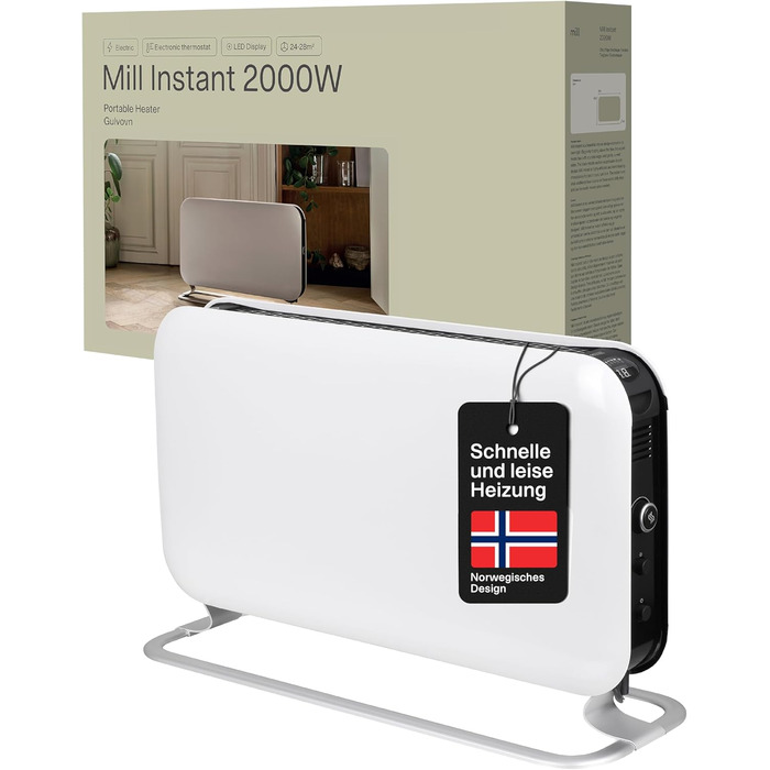 Електричний конвекторний обігрівач Mill 2200W - для кімнат 24-28 м², з таймером, білий