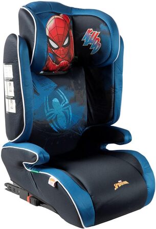 Автокрісло Marvel Spiderman з кріпленням ISOFIX для безпеки дитини зростом від 100 до 150 см з зображенням супергероя Людини-павука на синьому тлі