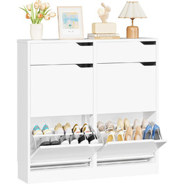 Шкаф для взуття IRONCK з 4 дверцятами, вузький, з 2 висувними ящиками, окремо розташований, з регульованими перегородками, для передпокою, входу та вітальні (Білий) 100*23.5*98 см, Білий