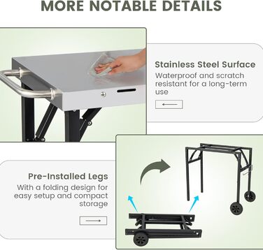 Гриль-возна коляска KOMFOTTEU: складаний гриль-стіл з нержавіючою сталею, мобільний гриль на коліщатках з регульованою полицею, тримач для телефону та рушника, чорний