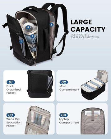 LOVEVOOK Рюкзак ручної поклажі 40x20x25 для Ryanair, 20L, рюкзак для подорожей, для ноутбука 14 дюймів, чоловічий/жіночий, з відділенням для мокрого та сухого, чорний