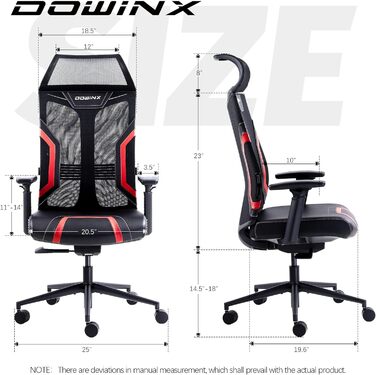 Ігровий крісло Dowinx для офісу та дому з підлокітниками 3D, регульоване, з функцією гойдання, шкіряне, поворотне, чорний/сірий (чорний/червоний)