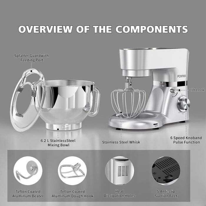 Кухонна машина POWWA 5.5L з 6 швидкостей, 1500W, для замішування тіста, з міксером, гаком для тіста та захистом від бризок (срібна)