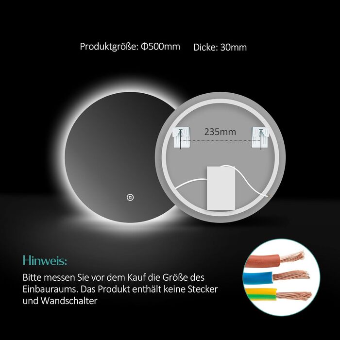 Дзеркало для ванної кімнати EMKE з підсвічуванням, діаметр 50 см, регульоване холодне біле світло, функція пам'яті, сенсорне керування, IP44, енергозберігаюче, заднє підсвічування