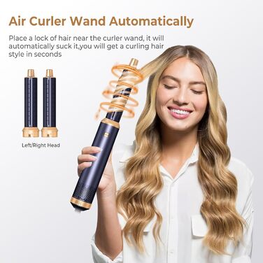 В 1, Hairstyler Hair Styler Набір щіток з теплим повітрям, Щітки для укладання Airstyler з автоматичною плойкою, Масажна щітка з теплим повітрям, Щітка для випрямлення волосся (Bluegold), 6