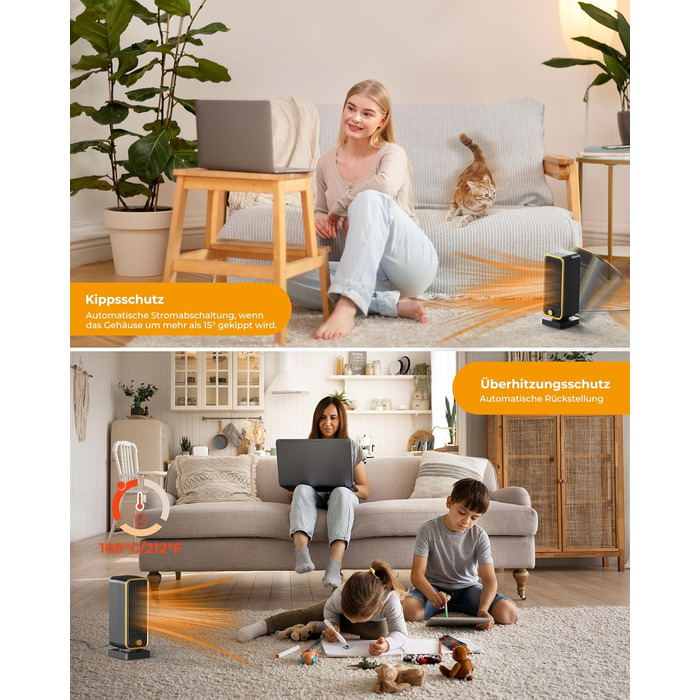 Електричний обігрівач 2000W з терморегулятором, тихий, 3 режими, PTC кераміка, швидкий нагрів, ECO режим, пульт, таймер 12H, поворот 70°, для офісу, спальні, ванної кімнати (чорний)