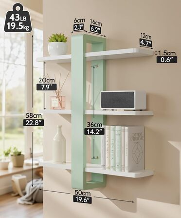 Полиця настінна дерев'яна SUMGAR Wandregal, плаваюча, 3-ярусна, 50x58 см, м'ятно-біла, для вітальні, спальні