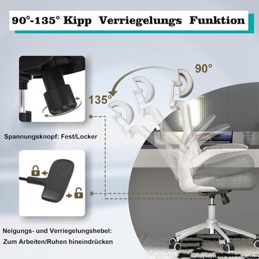 Ергономічне крісло для офісу з регульованою підголівником та поперековою підтримкою – високе офісне крісло з сітчастою спинкою та м'яким сидінням, вішалка для одягу та функцією блокування (білий та сірий)